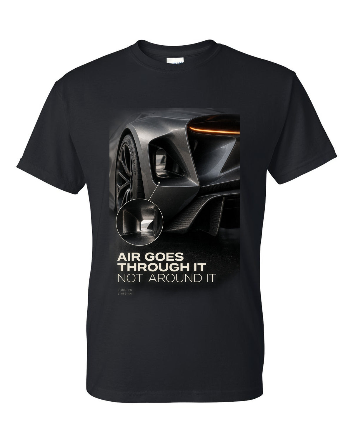 Lotus Evija rear three-quarter tunnel macro print with air goes through it text black t-shirt front view with the design