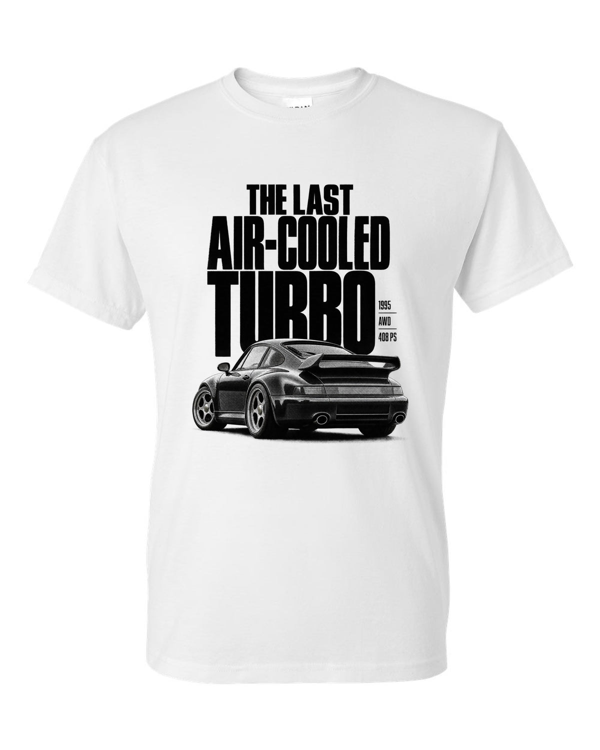 Halftone print of the Porsche 911 Turbo (993) with the line The Last Air-Cooled Turbo white t-shirt front view with the design