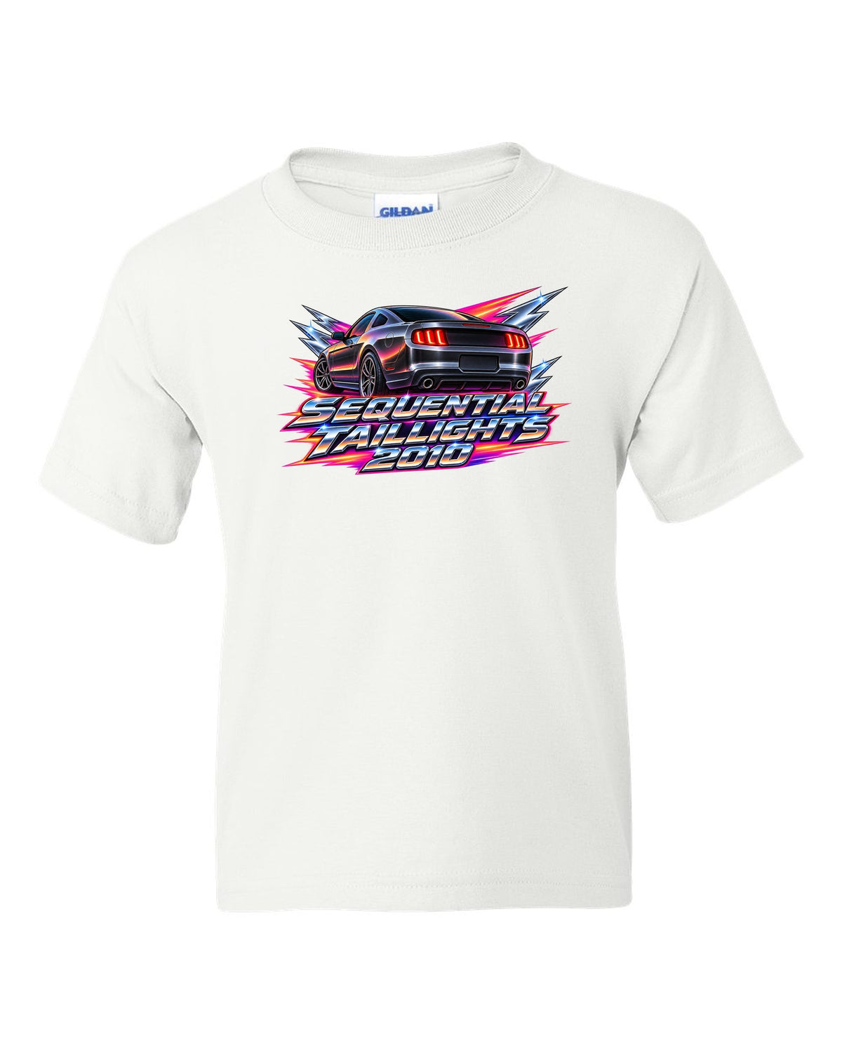 80s airbrush chrome 2005-2014 S197 Ford Mustang fastback with sequential taillights text white kids tee front view with the design