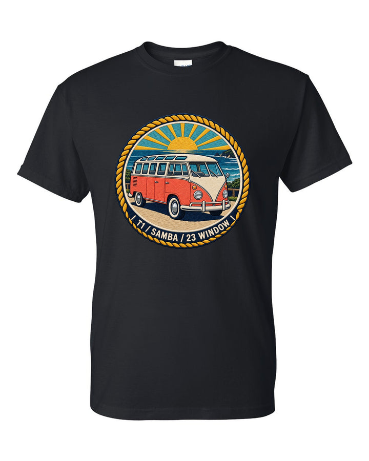 Round crest for the VW Bus T1 Samba 23 window black t-shirt front view with the design