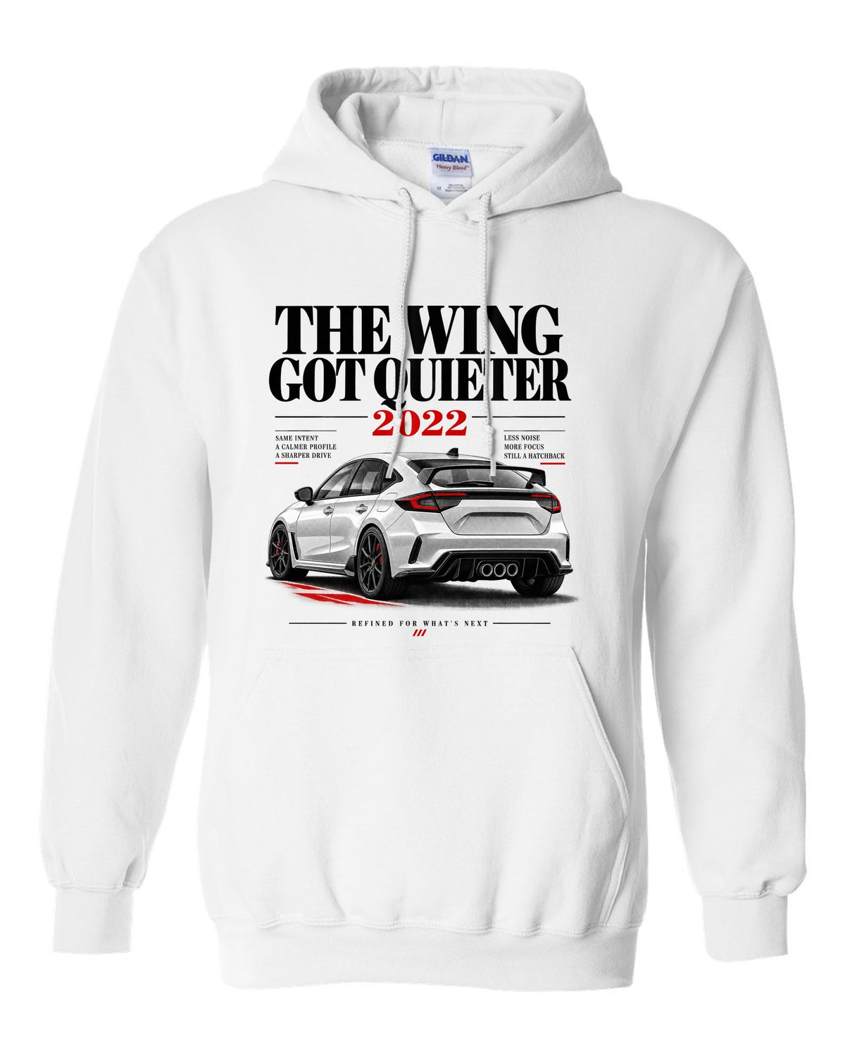 Honda Civic FL5 chback editorial headline design about the quieter rear wing white pull over hoodie front view with the design