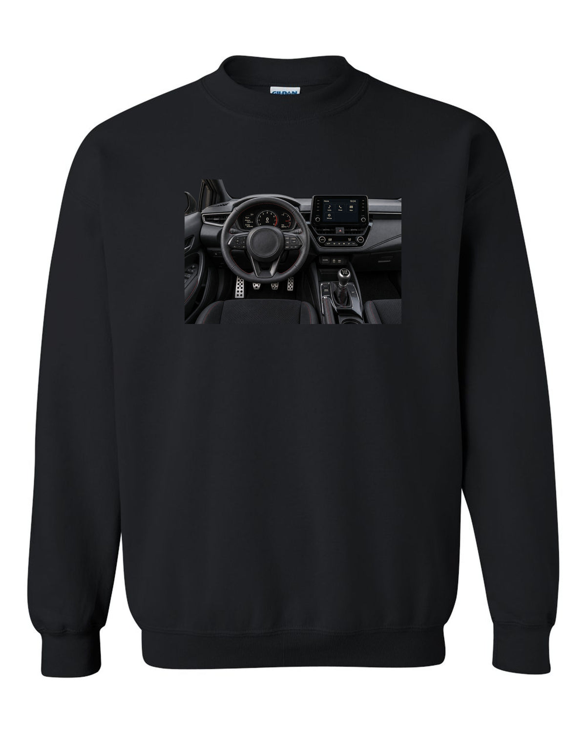 Overhead Toyota GR Yaris G16E-GTS engine bay illustration black crewneck front view with the design