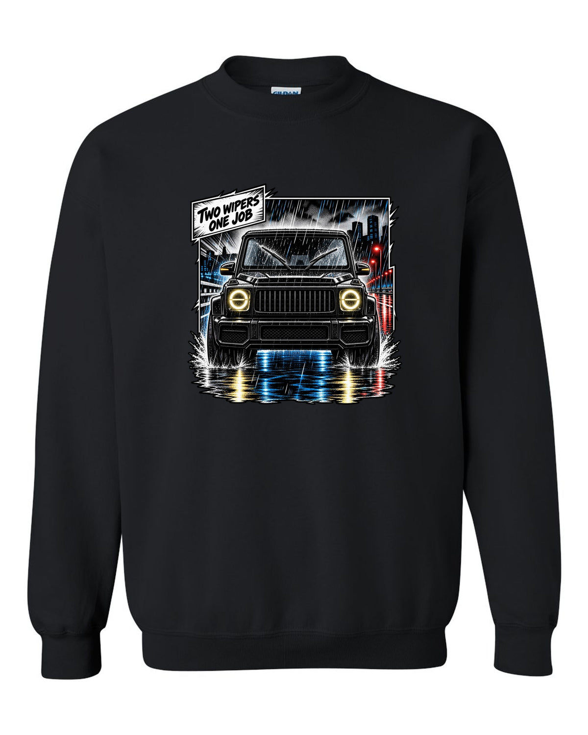 Round enamel-pin style crest graphic reading W463 3 Lockers 4x4 for the Mercedes G-Class, print black crewneck front view with the design