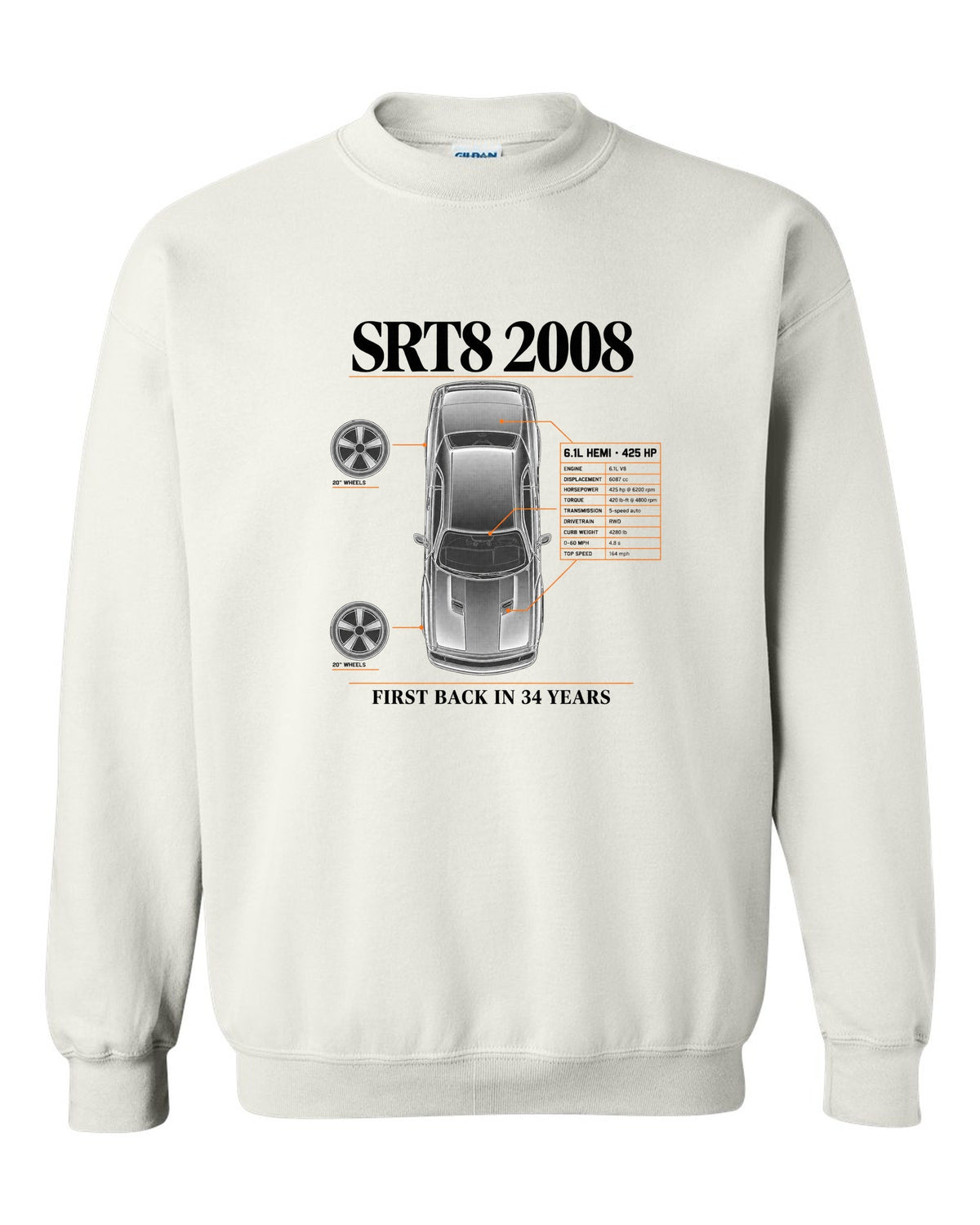 Spec poster print of a 2008 Dodge Challenger SRT8 with 6.1L Hemi and 425 HP text white crewneck front view with the design