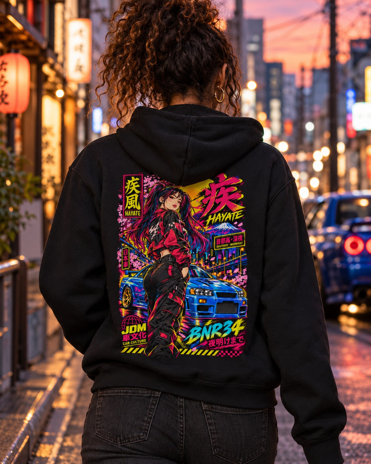 HAYATE BNR34 Anime Girl Full-Back Graphic Tee Zip Hoodie Black worn hero