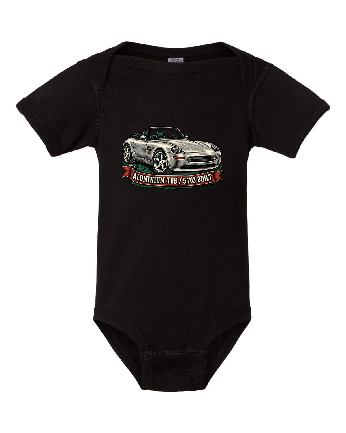Woodcut linocut-style print of a BMW Z8 E52 roadster with 5,703 built text black baby onesie front view with the design