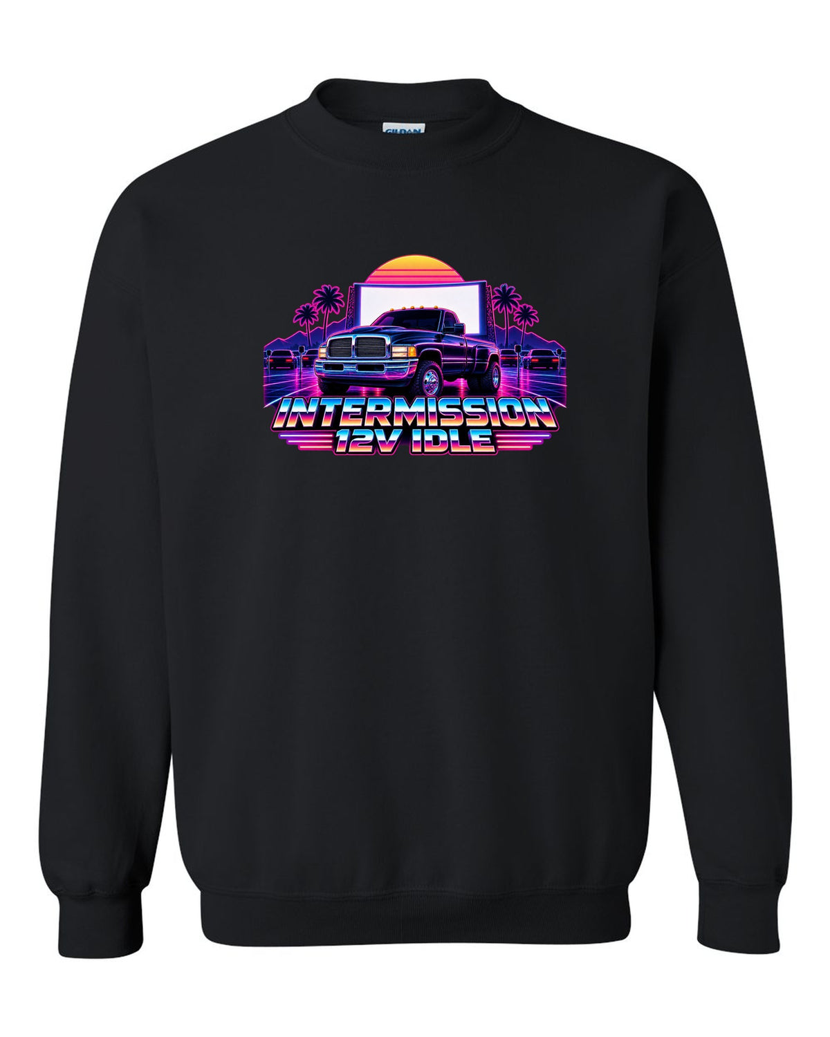 Neon synthwave grid print of a 1994-1998 Dodge Ram 2nd gen 12V with intermission 12V idle text black crewneck front view with the design