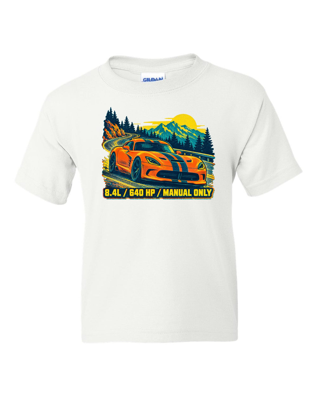 Risograph spot-colour print of a 2013 Dodge Viper VX I with 8.4L text white kids tee front view with the design