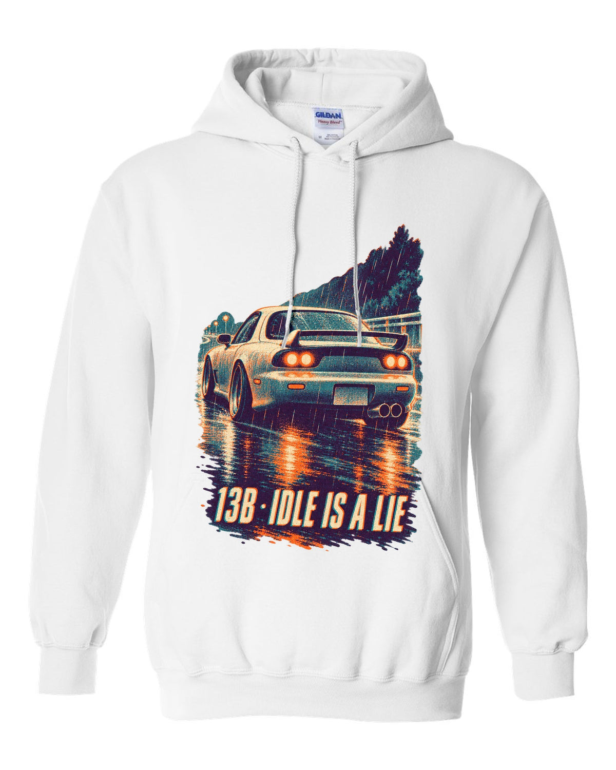 Three-colour risograph print for the Mazda RX-7 FD3S with 13B idle is a lie lettering white pull over hoodie front view with the design