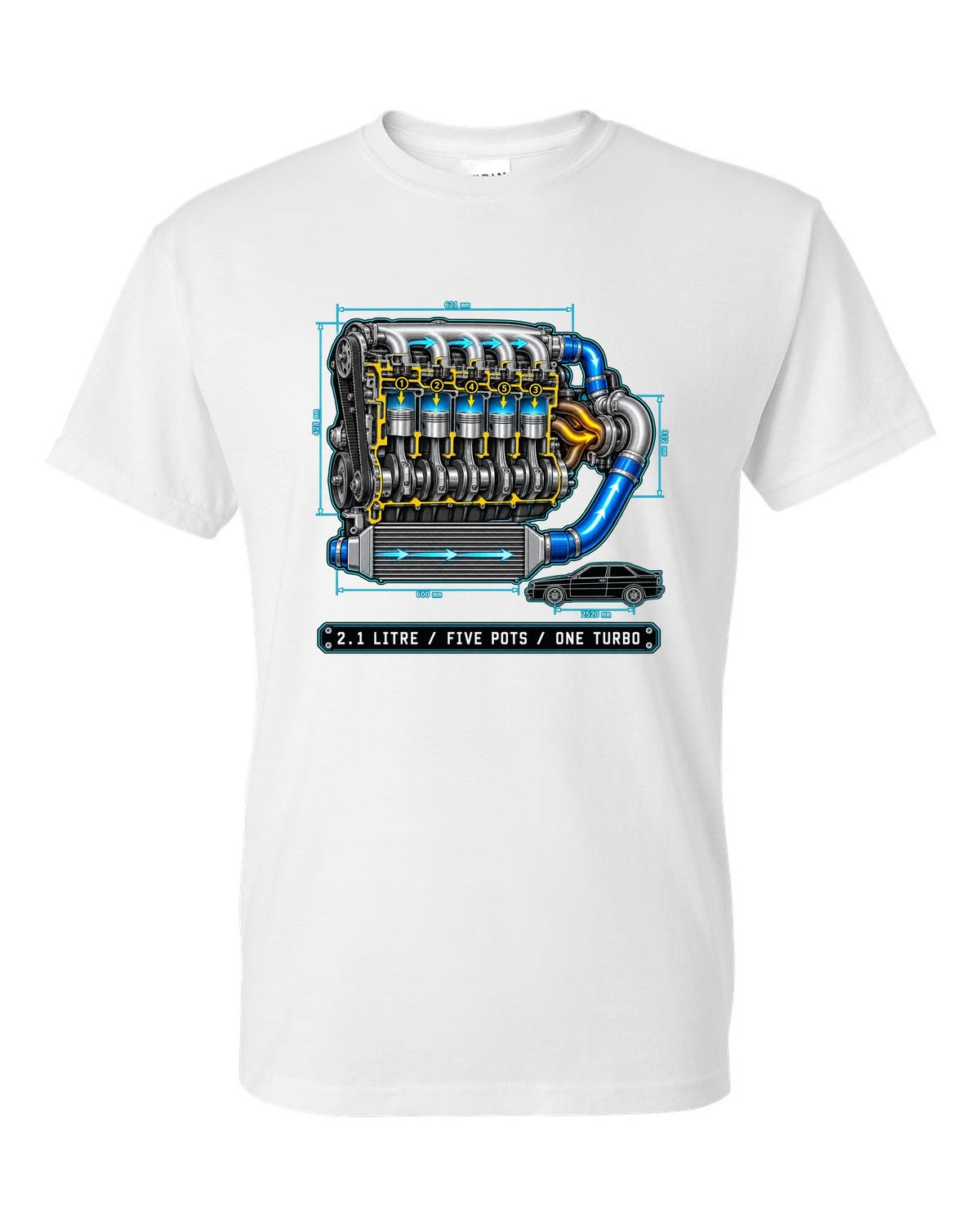 Technical blueprint print of an Audi Ur-Quattro Type 85 with five pots text white t-shirt front view with the design