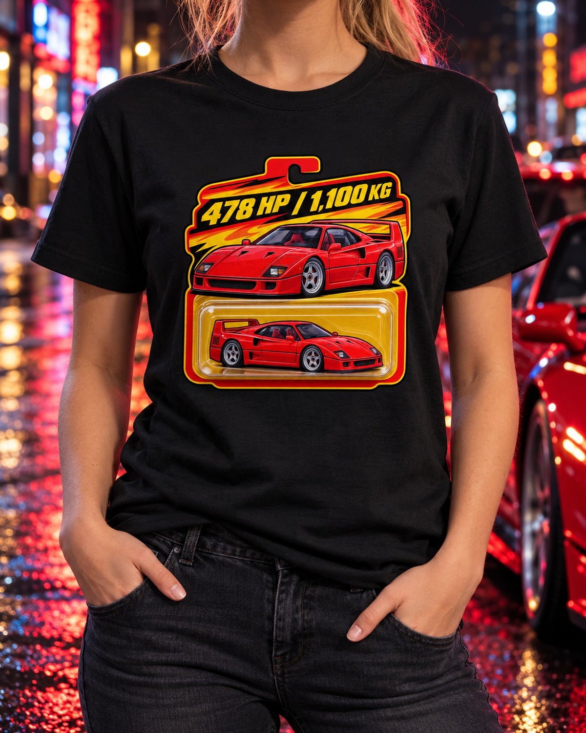 Ferrari F40 Blister Pack Tee, 478 HP 1,100 KG Toy Card Print T-Shirt Black worn hero