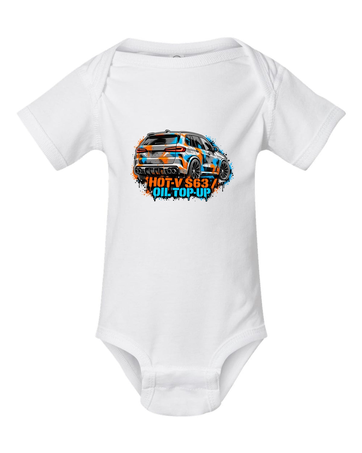 Varsity crest print of a BMW i8 I12 with silent electric range lettering white baby onesie front view with the design
