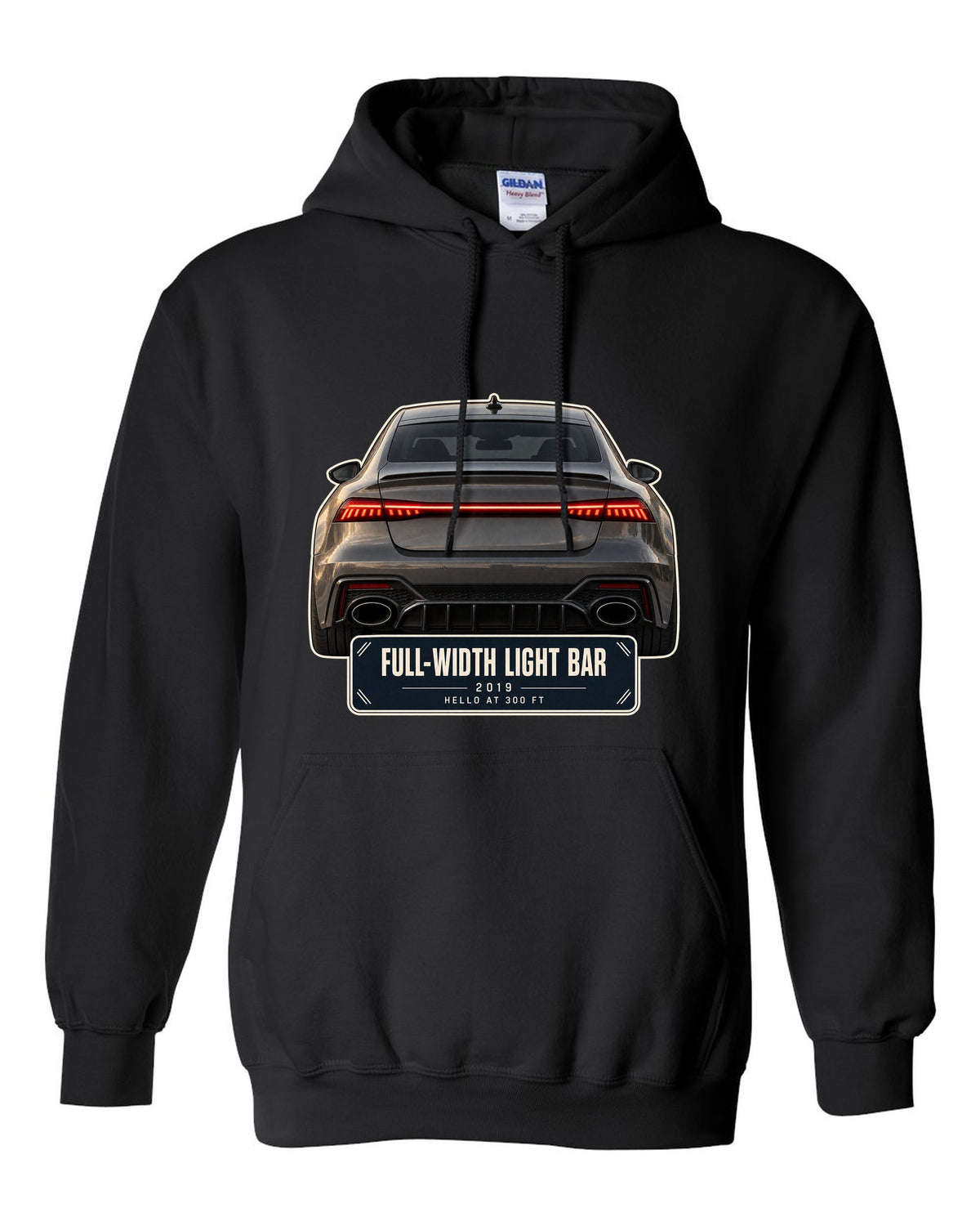 Taillight macro of the Audi RS7 Sportback C8 full-width light bar black pull over hoodie front view with the design