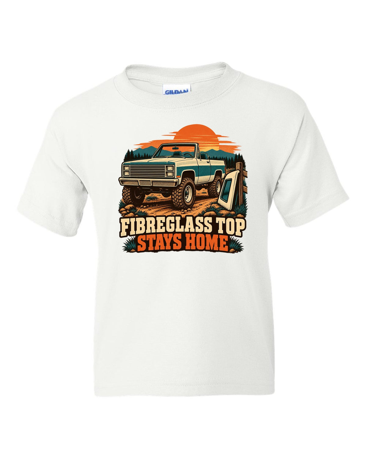 Retro two-colour print of a 1973-91 Chevrolet K5 Blazer with the top removed and FIBREGLASS TOP STAYS HOME text white kids tee front view with the design