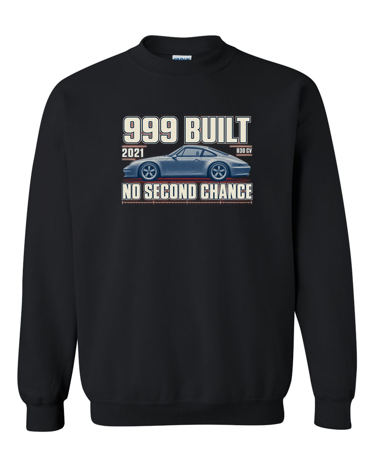 Ferrari 812 Competizione halftone print with 999 built, 2021 text black crewneck front view with the design