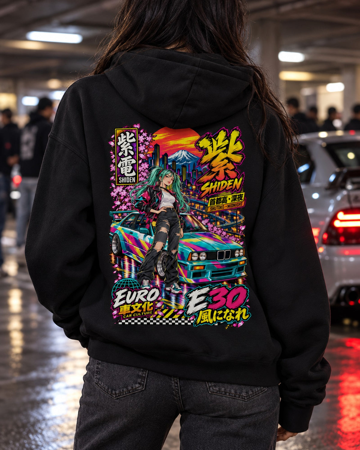 SHIDEN E30 Anime Girl Full-Back Graphic Tee Pull Over Hoodie Black worn hero