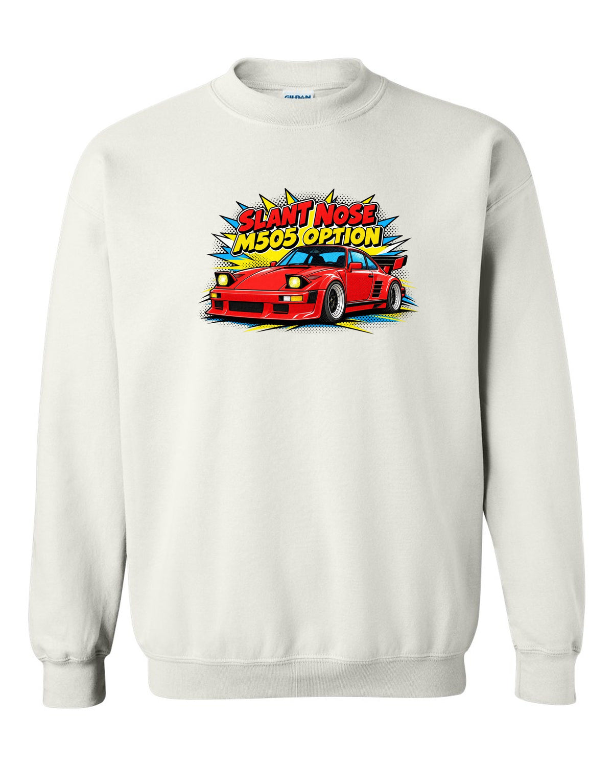 Porsche 930 Slant Nose pop-art halftone design with M505 option lettering white crewneck front view with the design