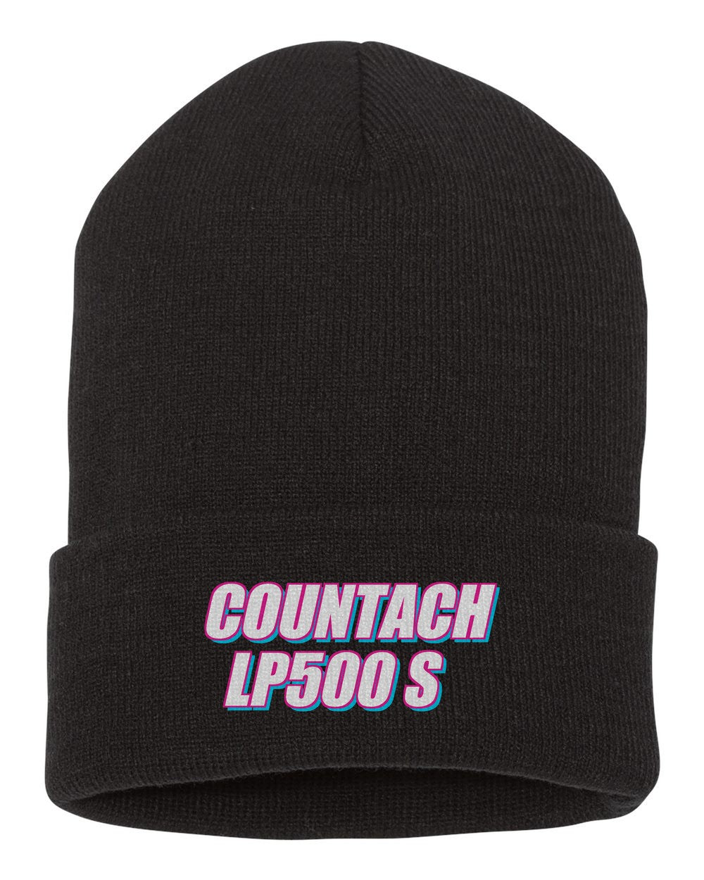 Countach Lp500 S black beanie front view with car name