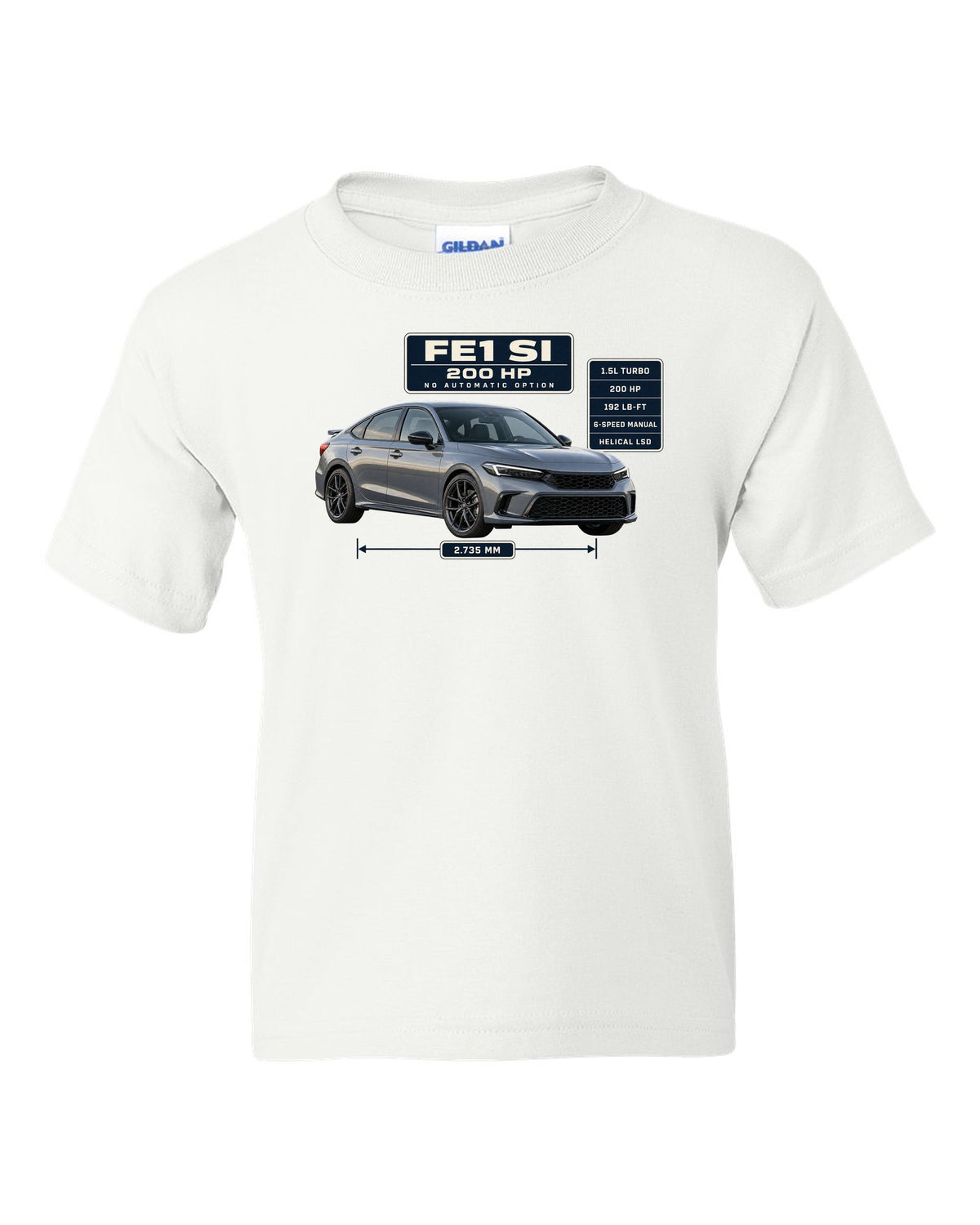 Honda Civic Si FE1 sedan front three-quarter spec poster print white kids tee front view with the design