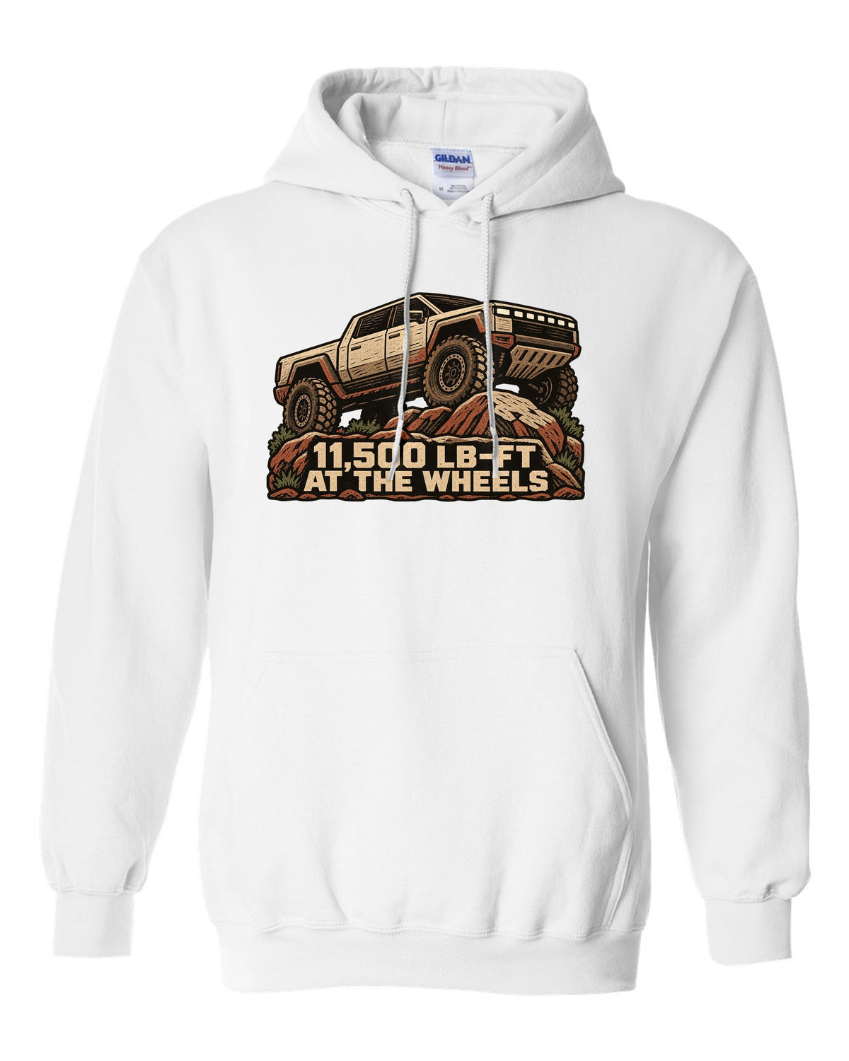 GMC Hummer EV linocut woodcut print on rocks with 11,500 lb-ft at the wheels white pull over hoodie front view with the design