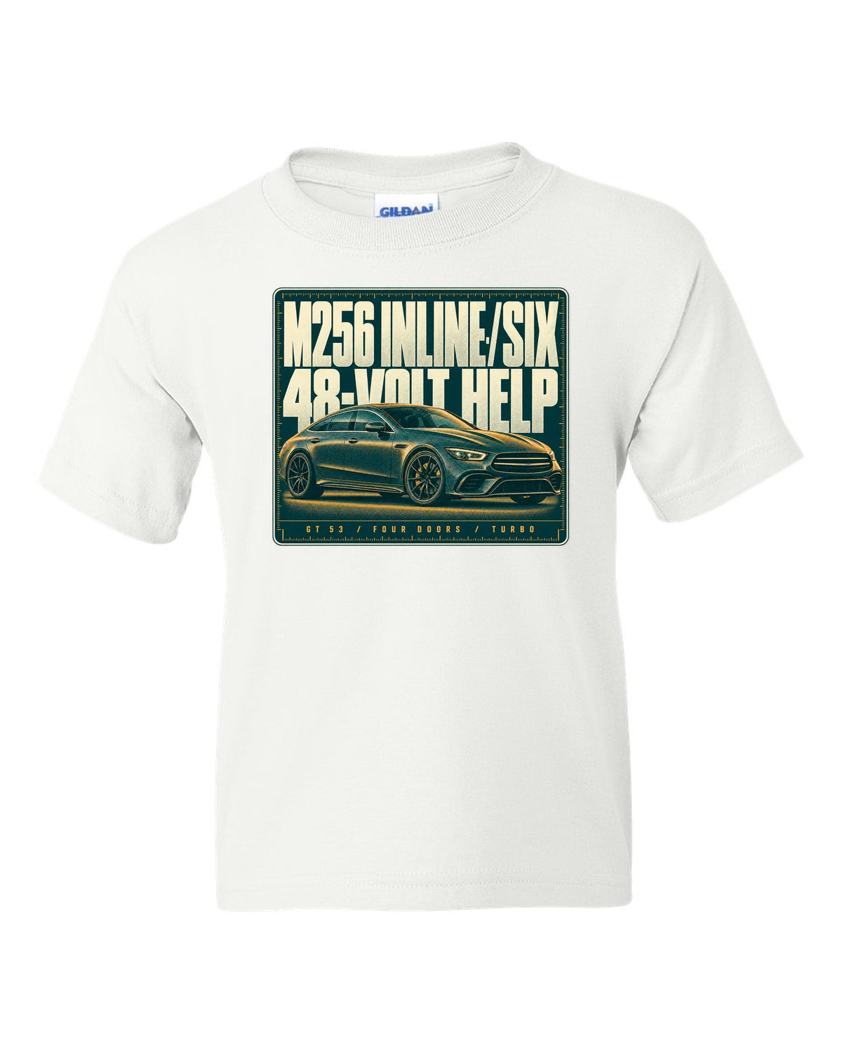 Mercedes-AMG GT 53 4-Door X290 teal and amber halftone print white kids tee front view with the design