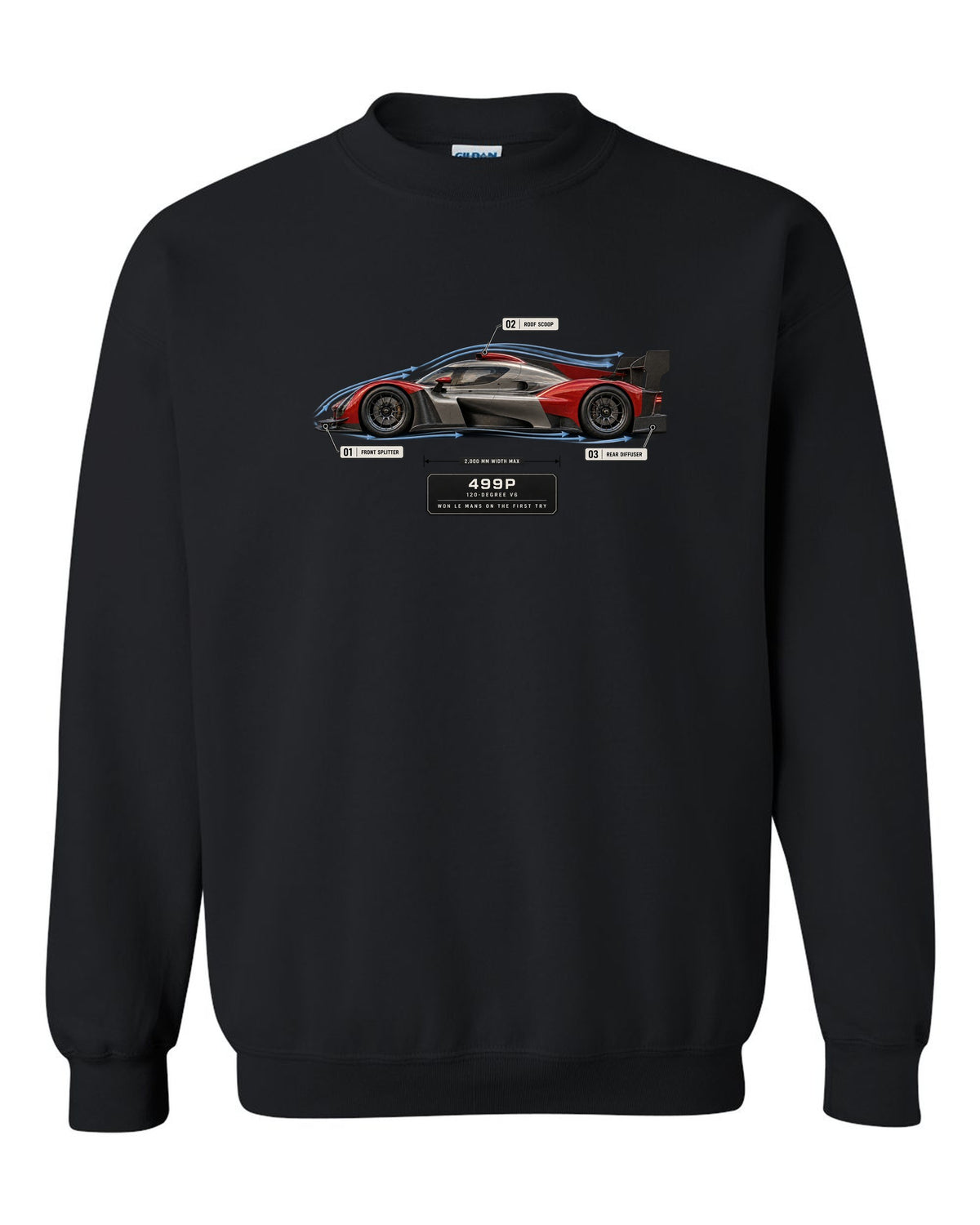 Ferrari 499P Le Mans Hypercar aero callout print with 120-degree V6 black crewneck front view with the design