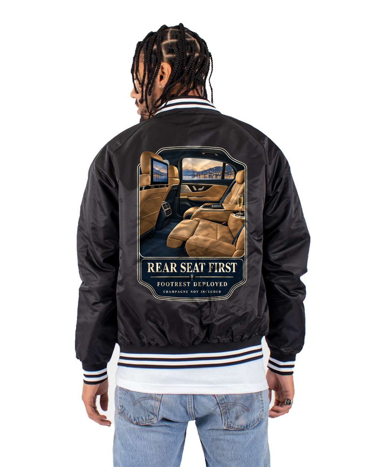 Maybach S680 Rear Seat Cockpit Graphic Tee, Executive Cabin Print Bomber Jacket Black back