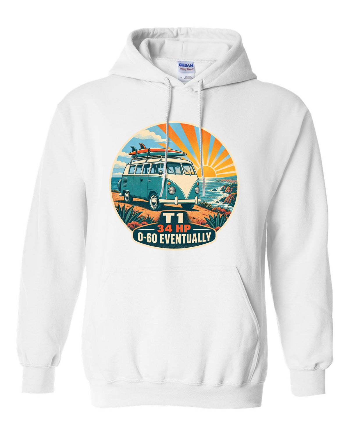 Two-colour silkscreen sunburst print of a 1962 VW Bus T1 split-window with 34 HP lettering white pull over hoodie front view with the design