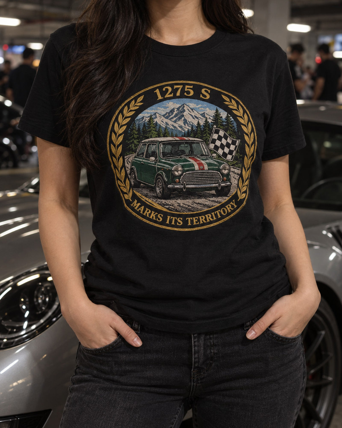 Mini Cooper S Mk1 Varsity Crest Tee, 1275 S Marks Territory T-Shirt Black worn hero