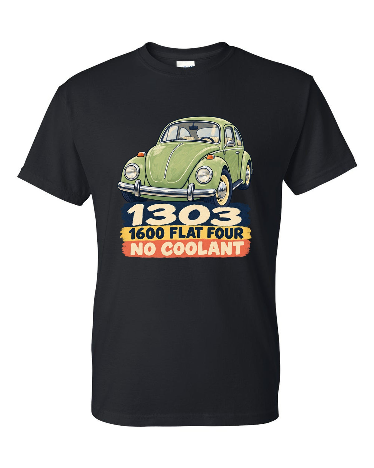 Gouache-style painted flat colour print of a VW Beetle Type 1 1303 with 1600 flat four lettering black t-shirt front view with the design