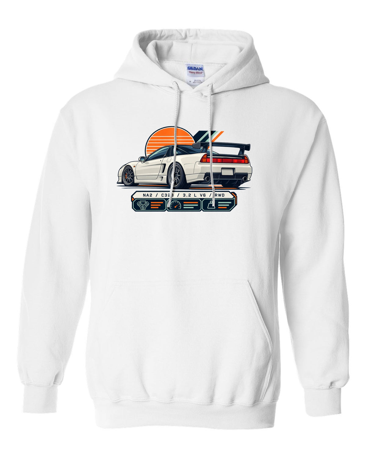 Spec-sheet data plate print of the Honda NSX-R NA2 with NA2 C32B 3.2 L V6 RWD text white pull over hoodie front view with the design