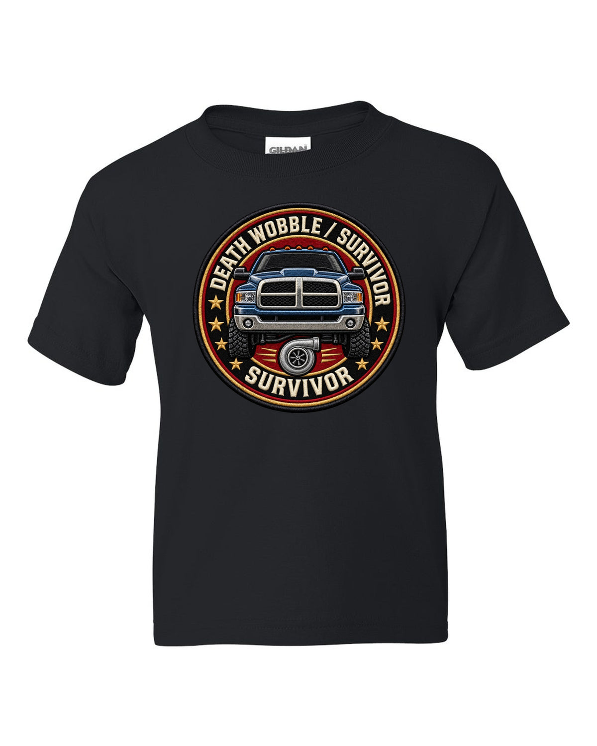 Round varsity crest print for the 2003-2009 Dodge Ram 2500 Cummins reading death wobble survivor black kids tee front view with the design