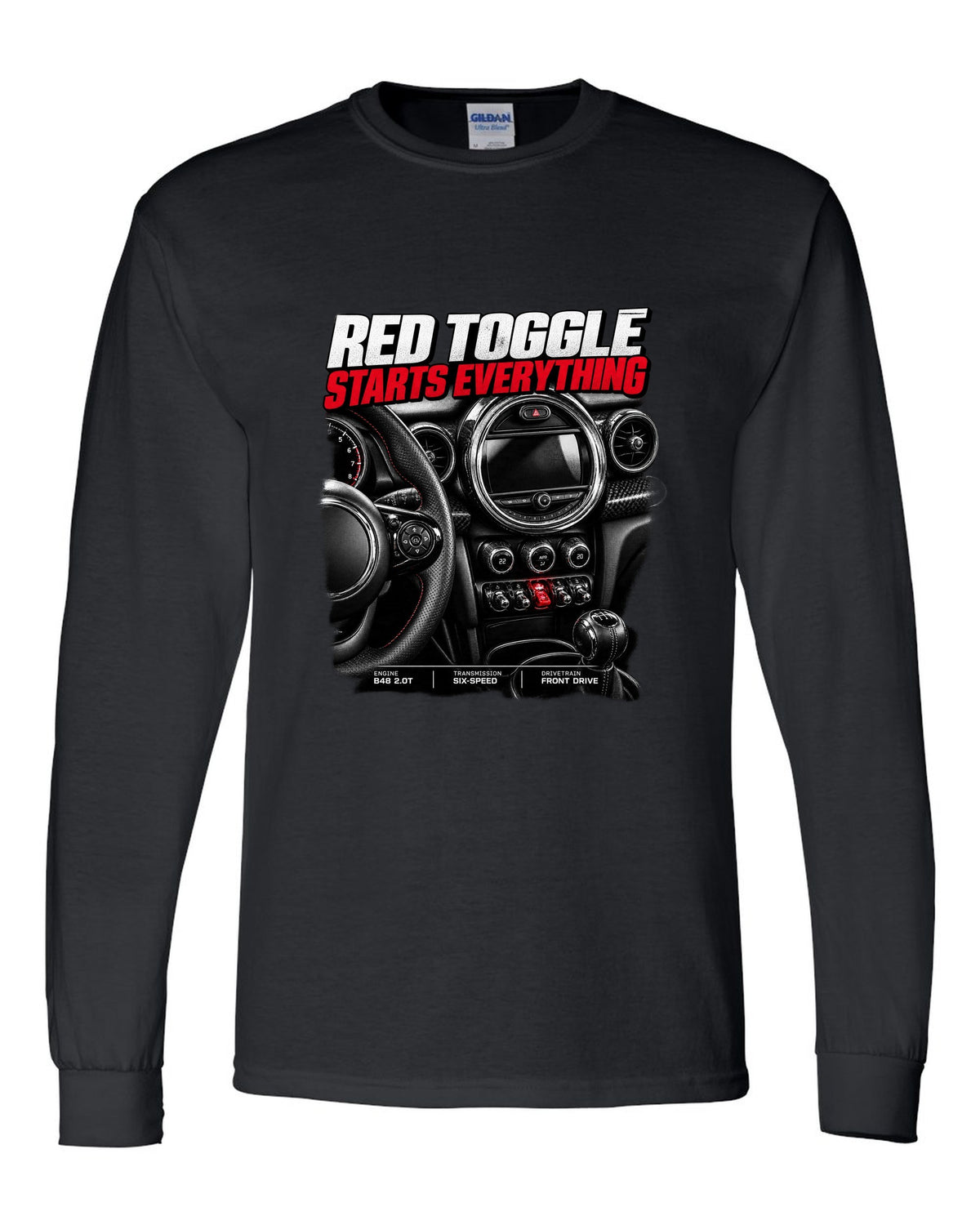 print of the Mini Cooper JCW F56 centre stack with the red toggle switch black long sleeve front view with the design