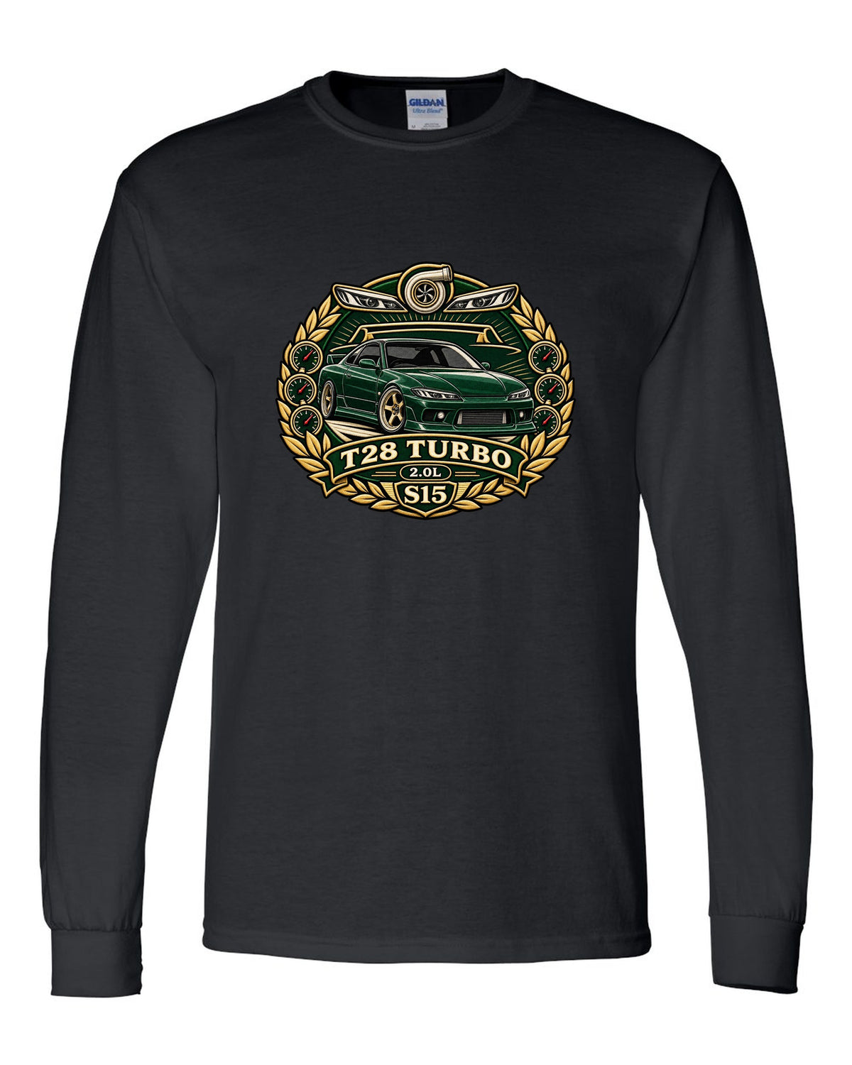 Round crest print for the Nissan Silvia S15 with turbo 2.0L engine lettering black long sleeve front view with the design