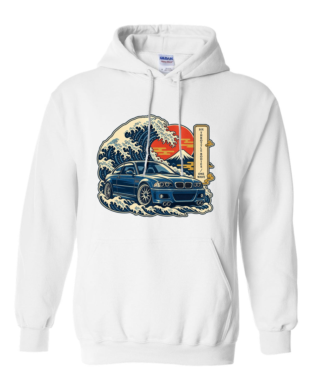 Ukiyo-e woodblock style print of a BMW E46 M3 coupe with six throttle bodies one wave text white pull over hoodie front view with the design