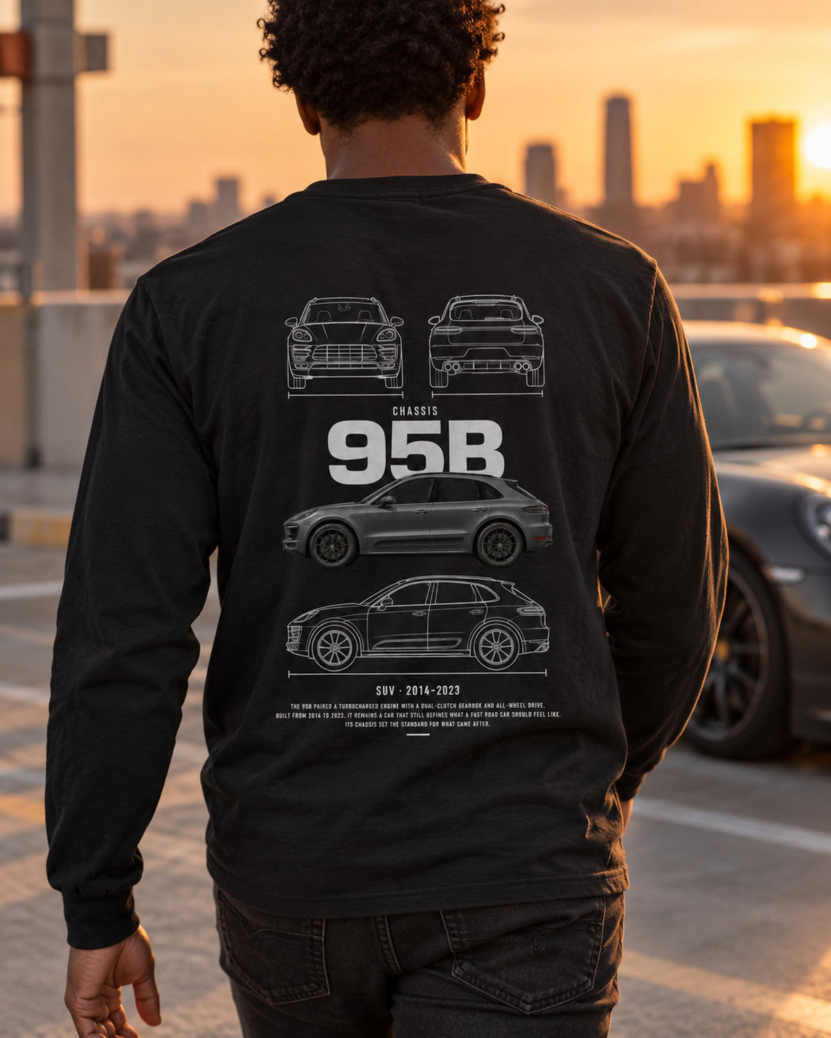 Porsche Macan GTS Blueprint Full-Back Graphic Tee, 95B Chassis Code Long Sleeve Black worn hero