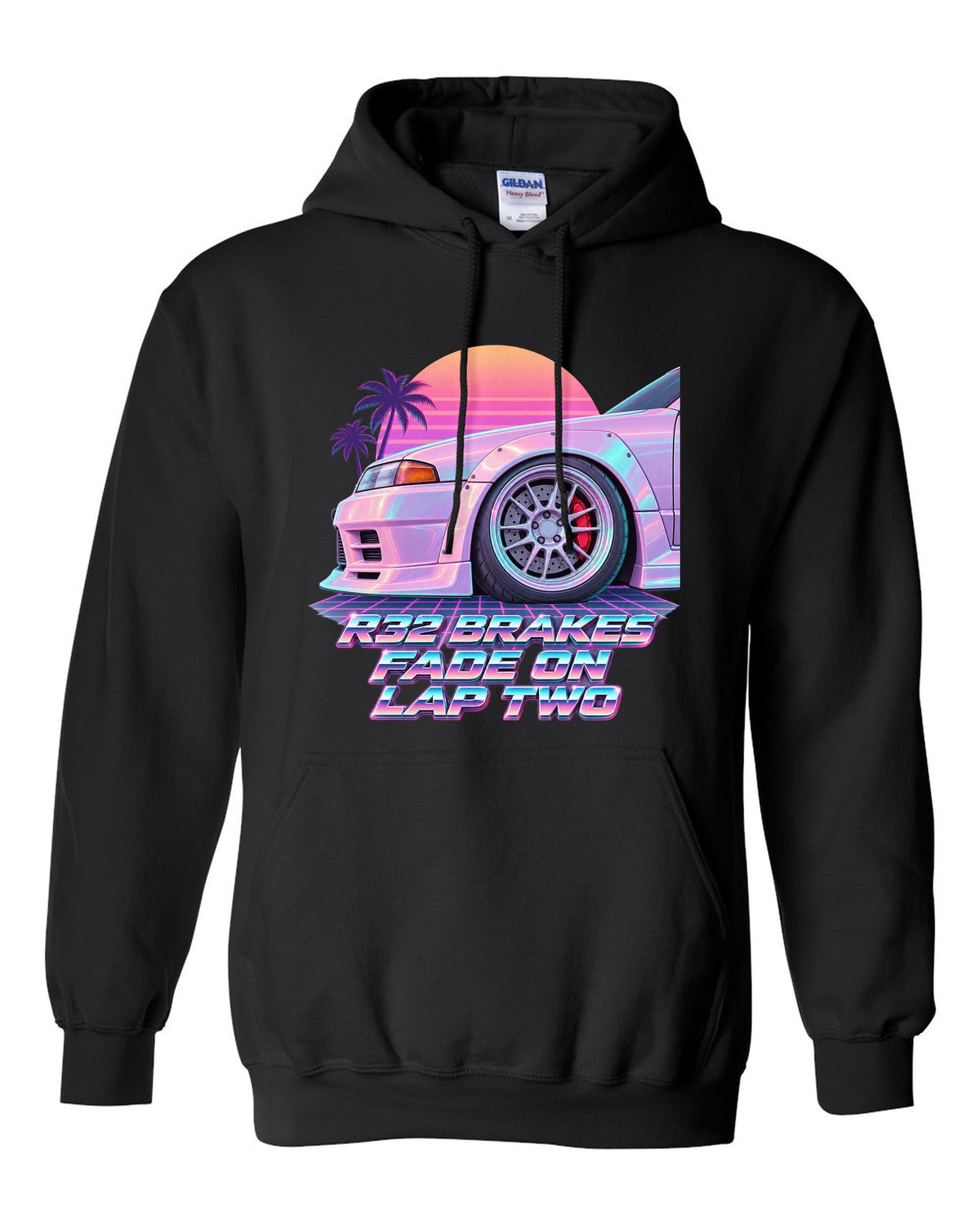 Vaporwave pastel print of a brake wheel with Nissan Skyline GT-R BNR32 brake fade lettering black pull over hoodie front view with the design