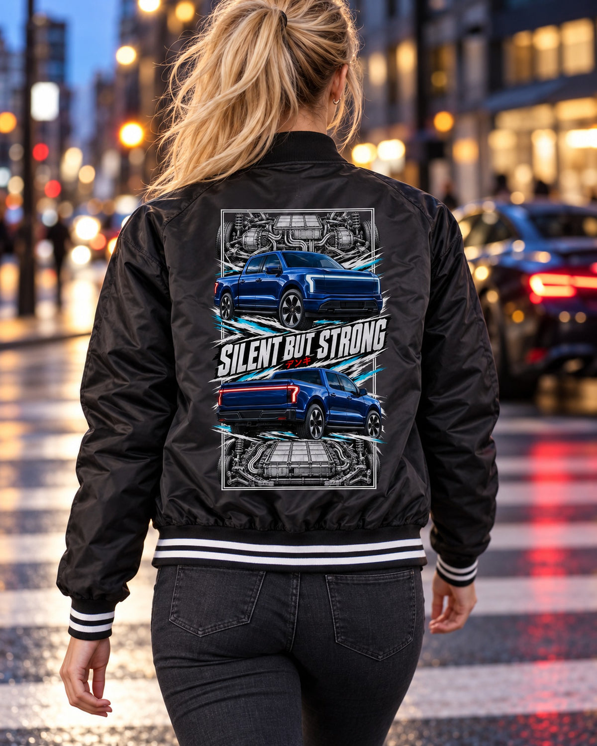 Ford F-150 Lightning Torn Poster Full-Back Graphic Tee Bomber Jacket Black worn hero