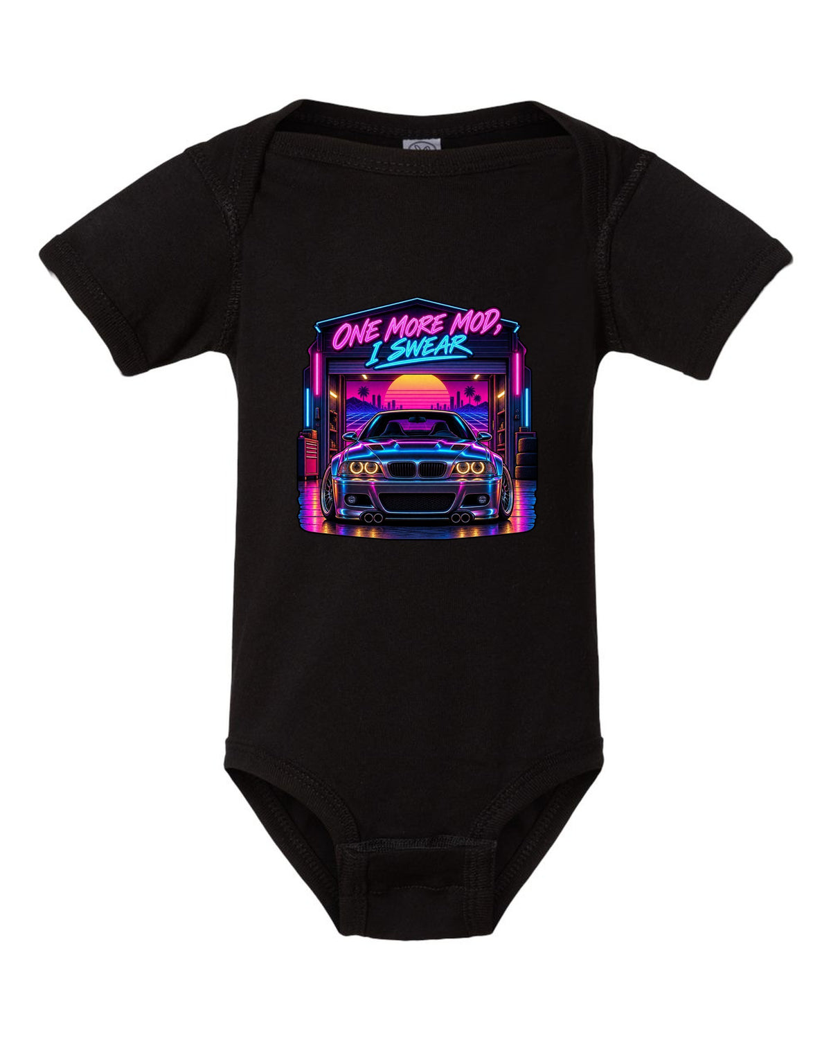 Synthwave outrun print of a BMW E46 M3 coupe with one more mod I swear text black baby onesie front view with the design