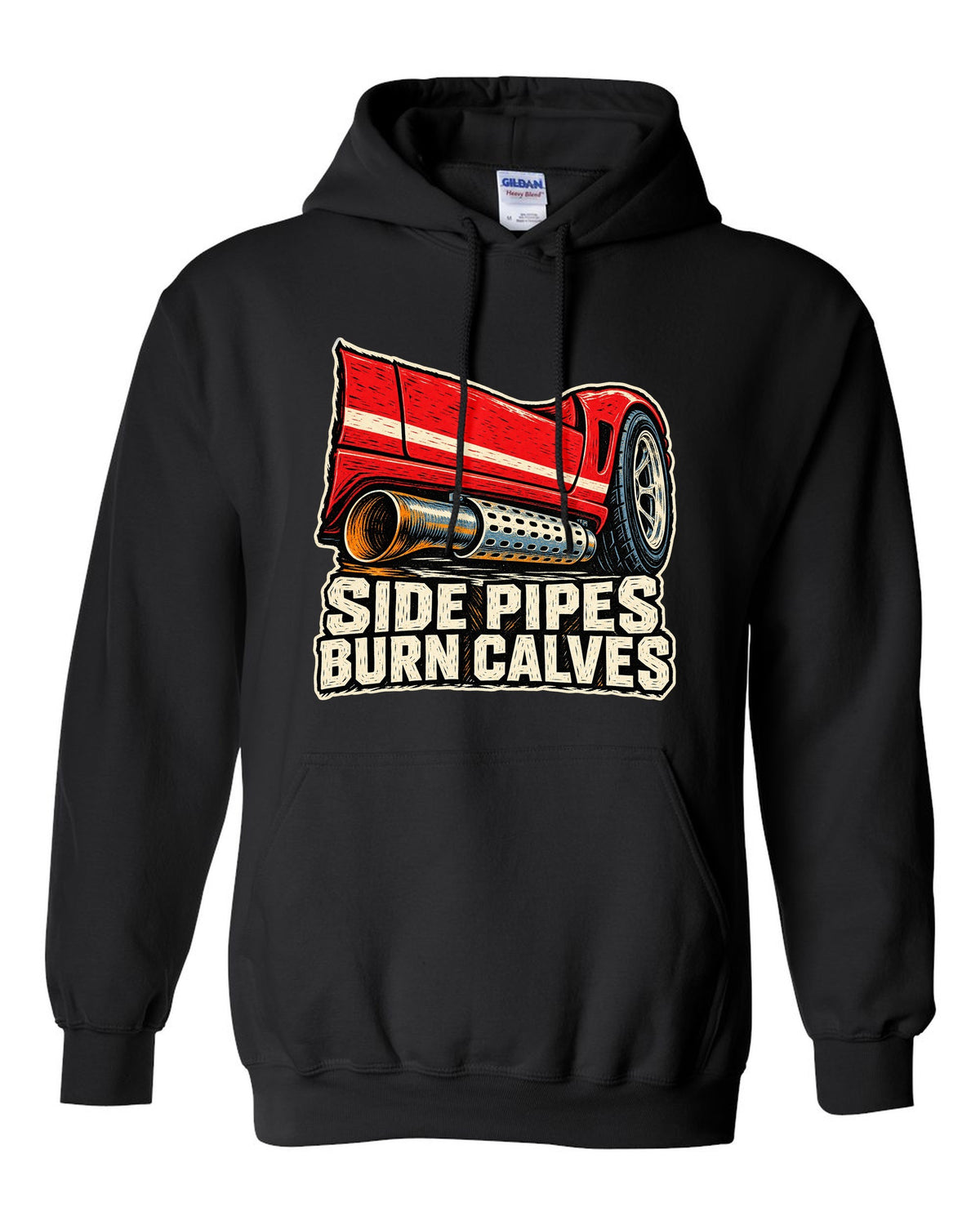 Dodge Viper RT/10 Side Pipe Linocut black pull over hoodie front view with the design