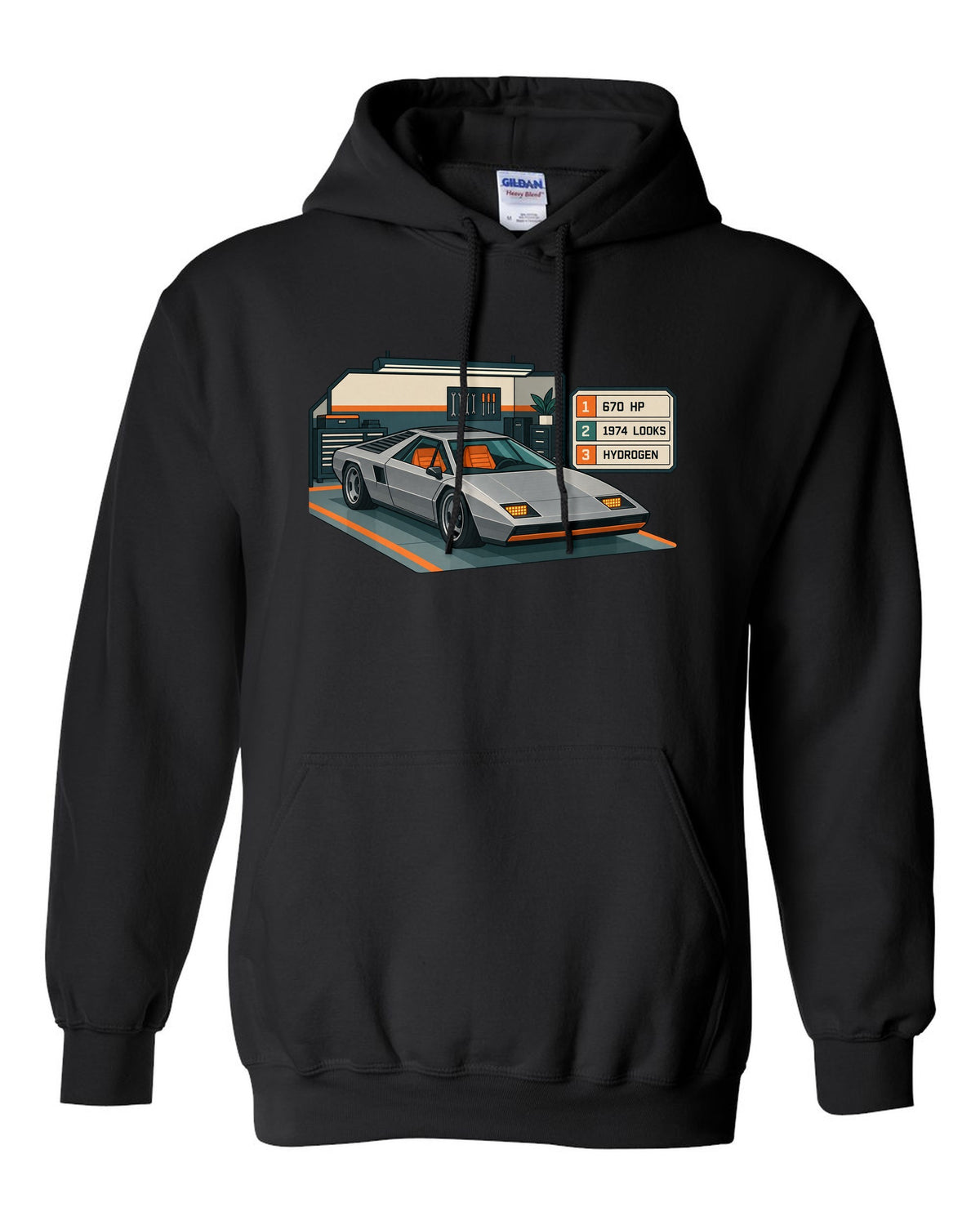 Hyundai N Vision 74 concept spec-sheet data plate print with 670 HP and hydrogen text black pull over hoodie front view with the design