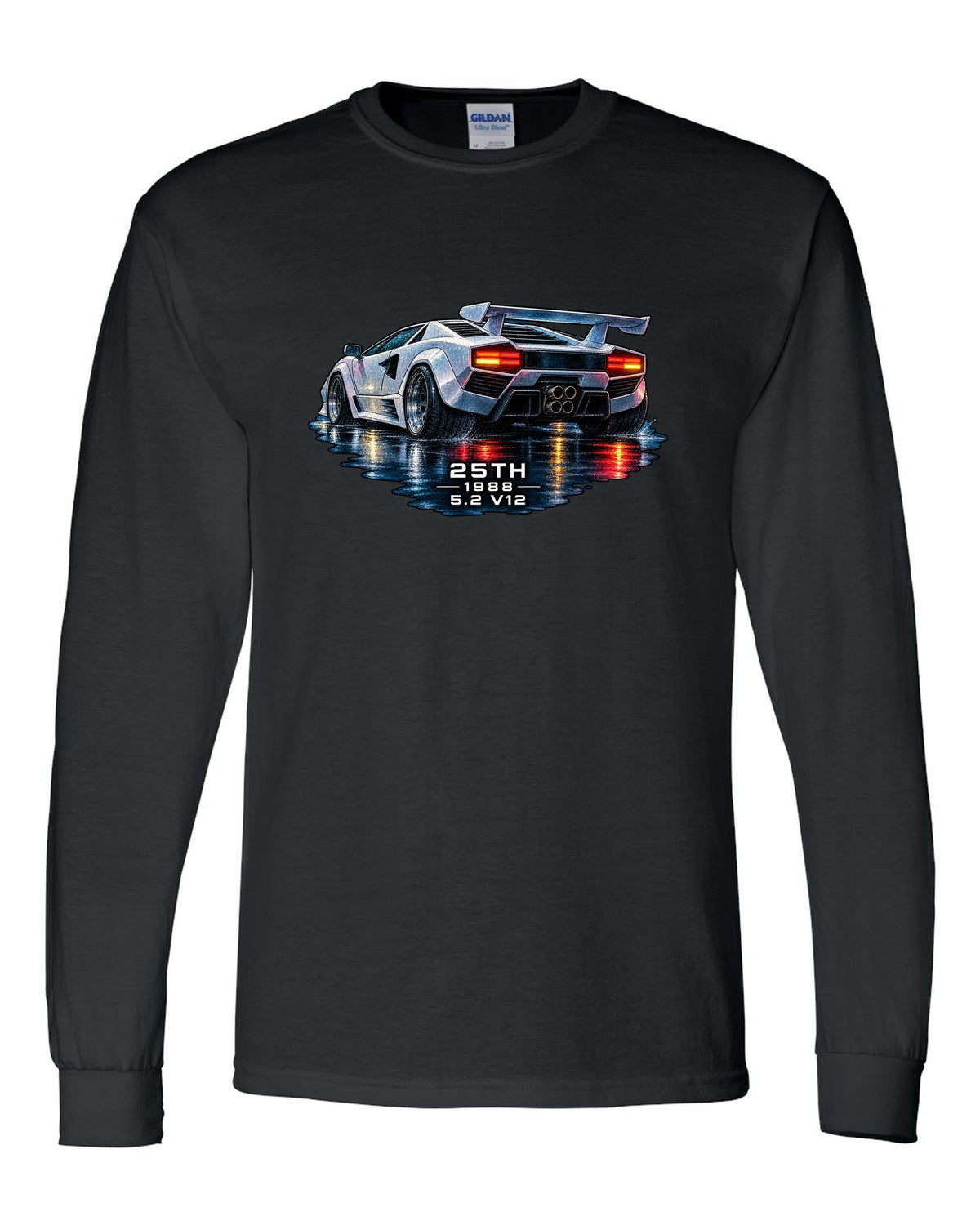 Watercolour wet-road night scene of a Lamborghini Countach 25th Anniversary with 25th 1988 5.2 V12 text black long sleeve front view with the design