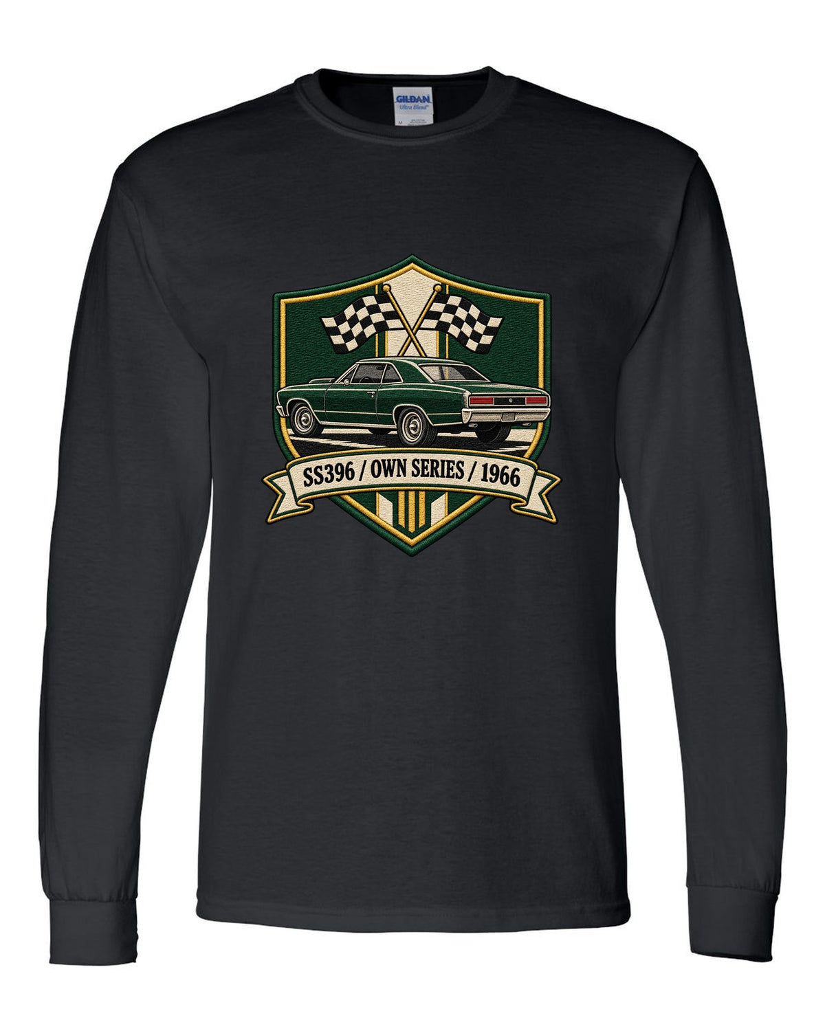 1966 Chevelle SS396 in an embroidery-style shield with text SS396 Own Series 1966 black long sleeve front view with the design