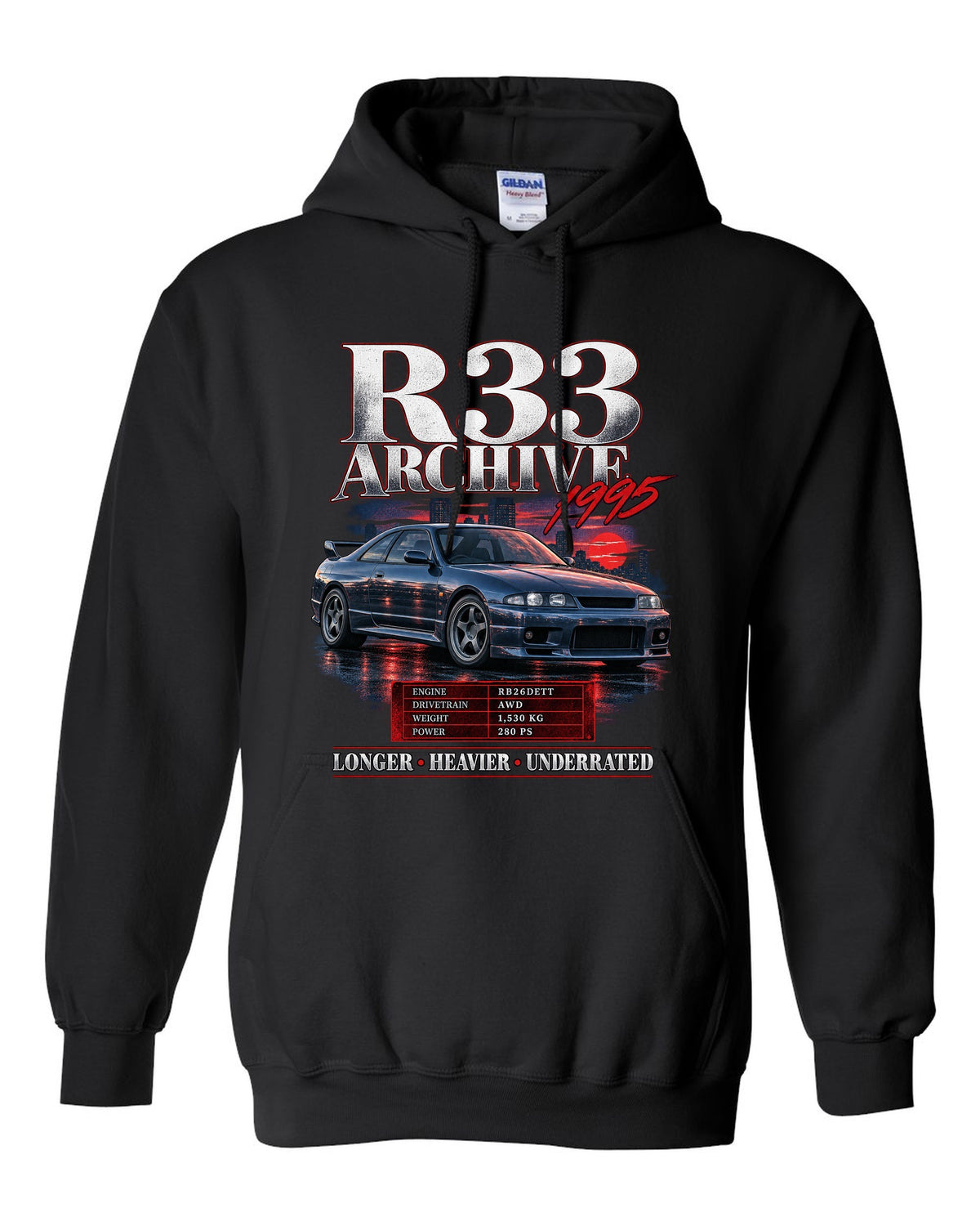 Archive panel print of a Nissan Skyline GT-R R33 BCNR33 with spec lettering black pull over hoodie front view with the design