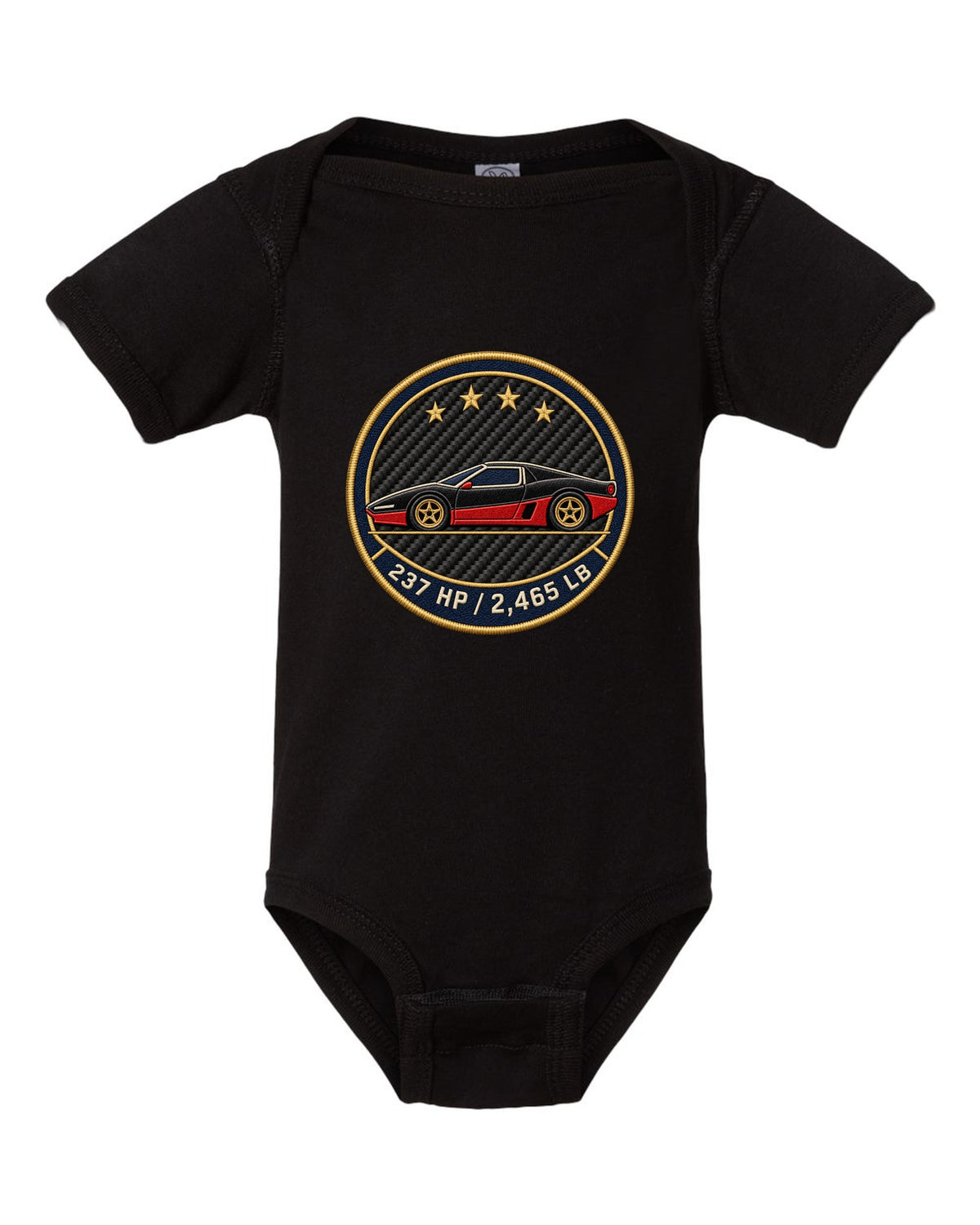 Embroidery style round crest for an Alfa Romeo 4C showing 237 HP and 2,465 LB black baby onesie front view with the design