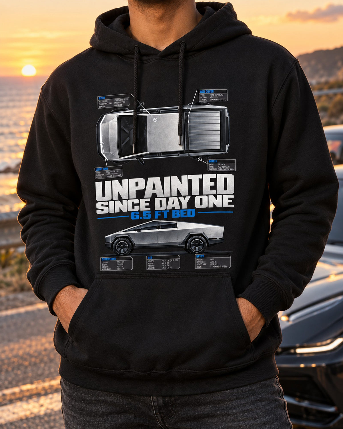 Cybertruck Unpainted Top-Down Spec Poster Shirt, Truck Gift Pull Over Hoodie Black worn hero