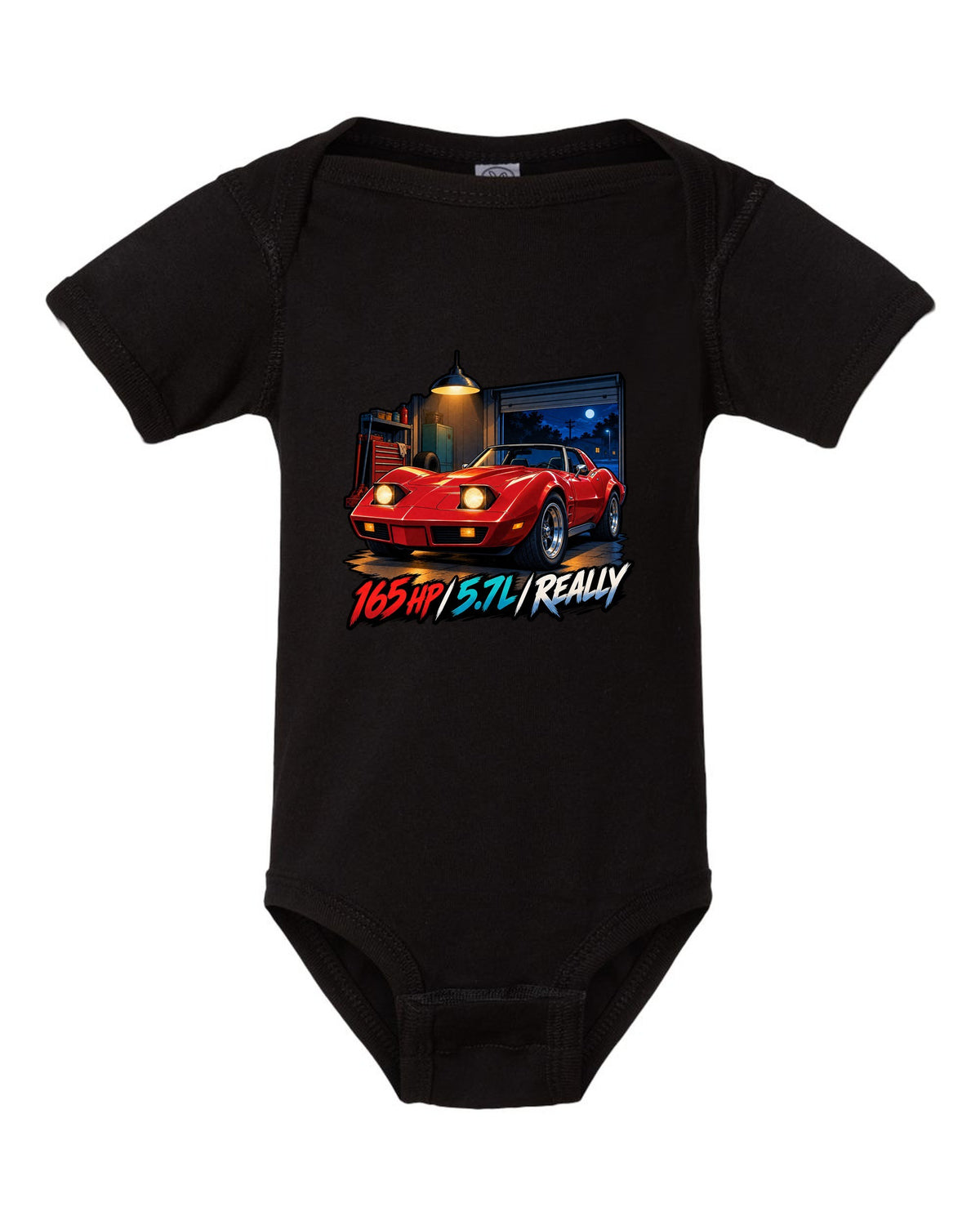 Cel-shaded anime night touge print of a 1975 Chevrolet Corvette C3 Stingray with 165 HP 5.7L lettering black baby onesie front view with the design