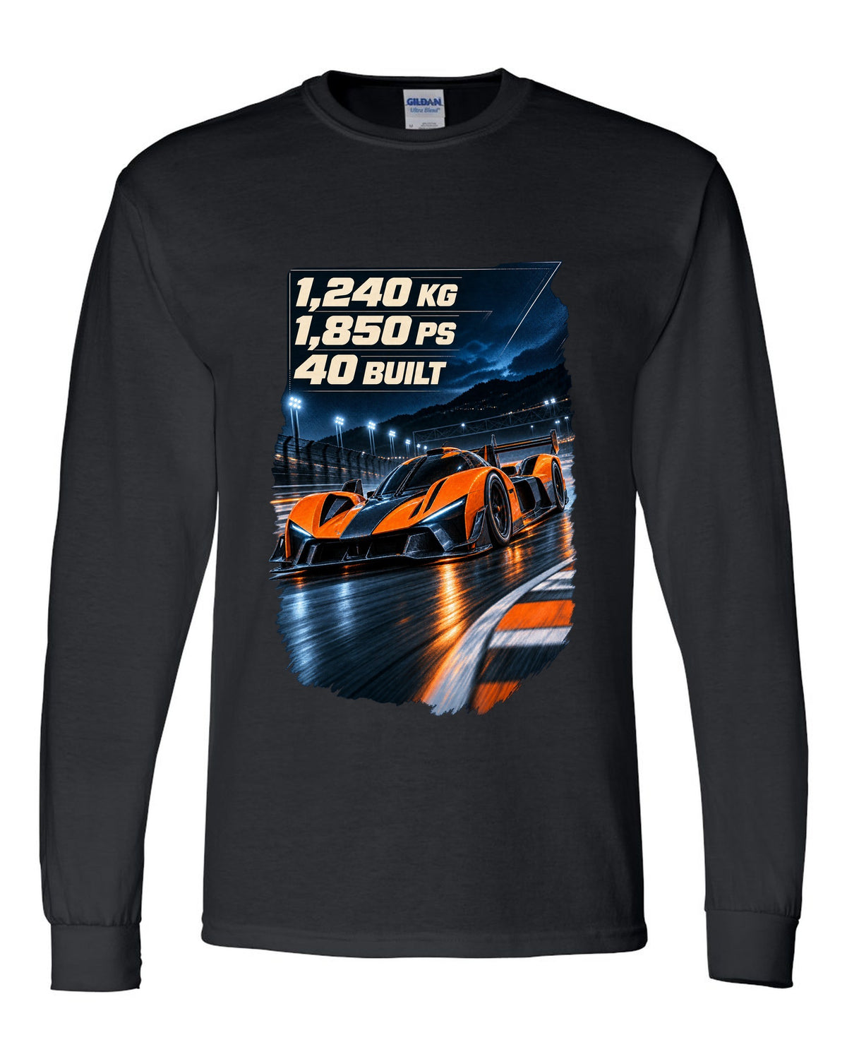 Bugatti Bolide track car at night print with weight and power figures black long sleeve front view with the design