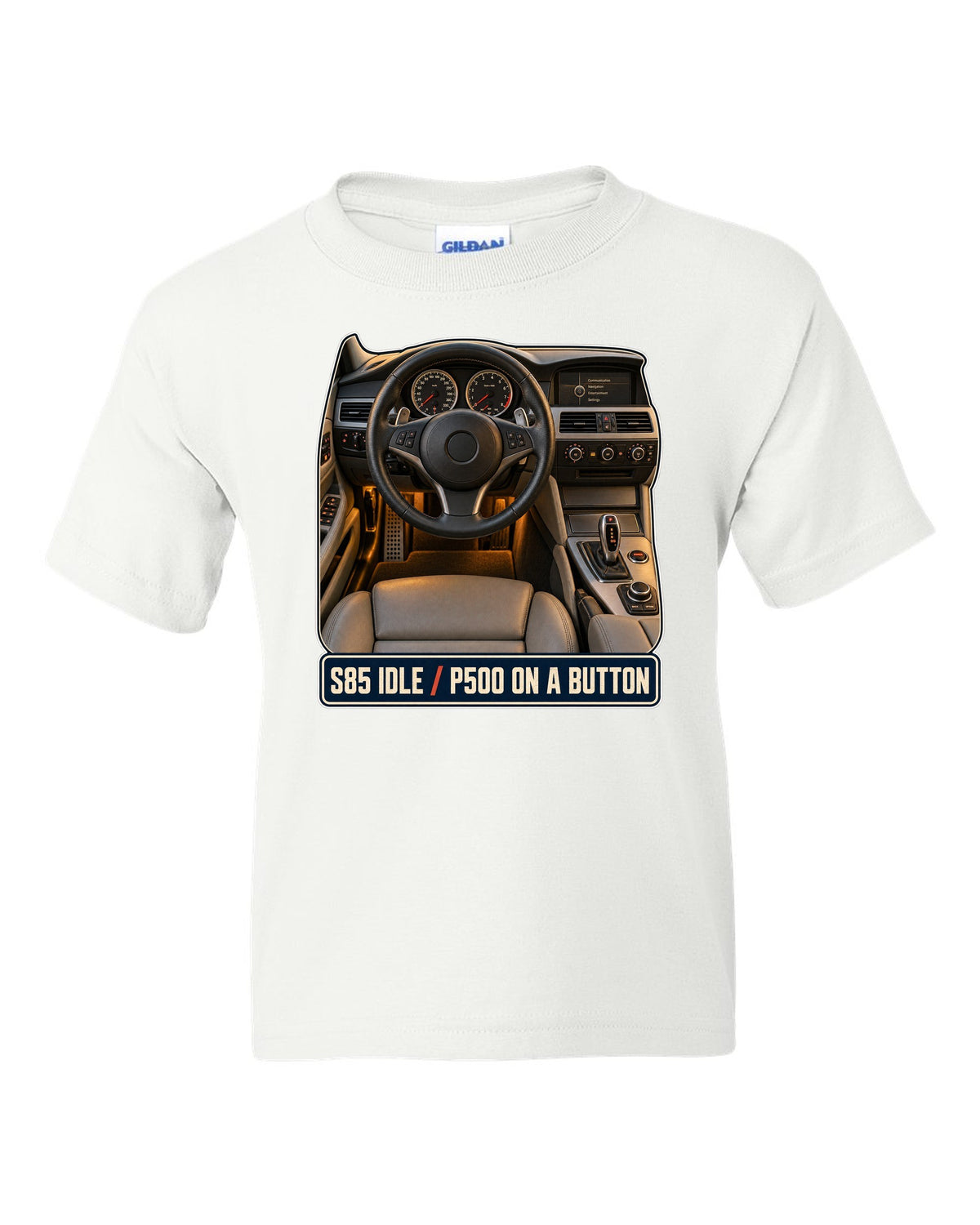 BMW M5 E60 interior cockpit and gauge print white kids tee front view with the design