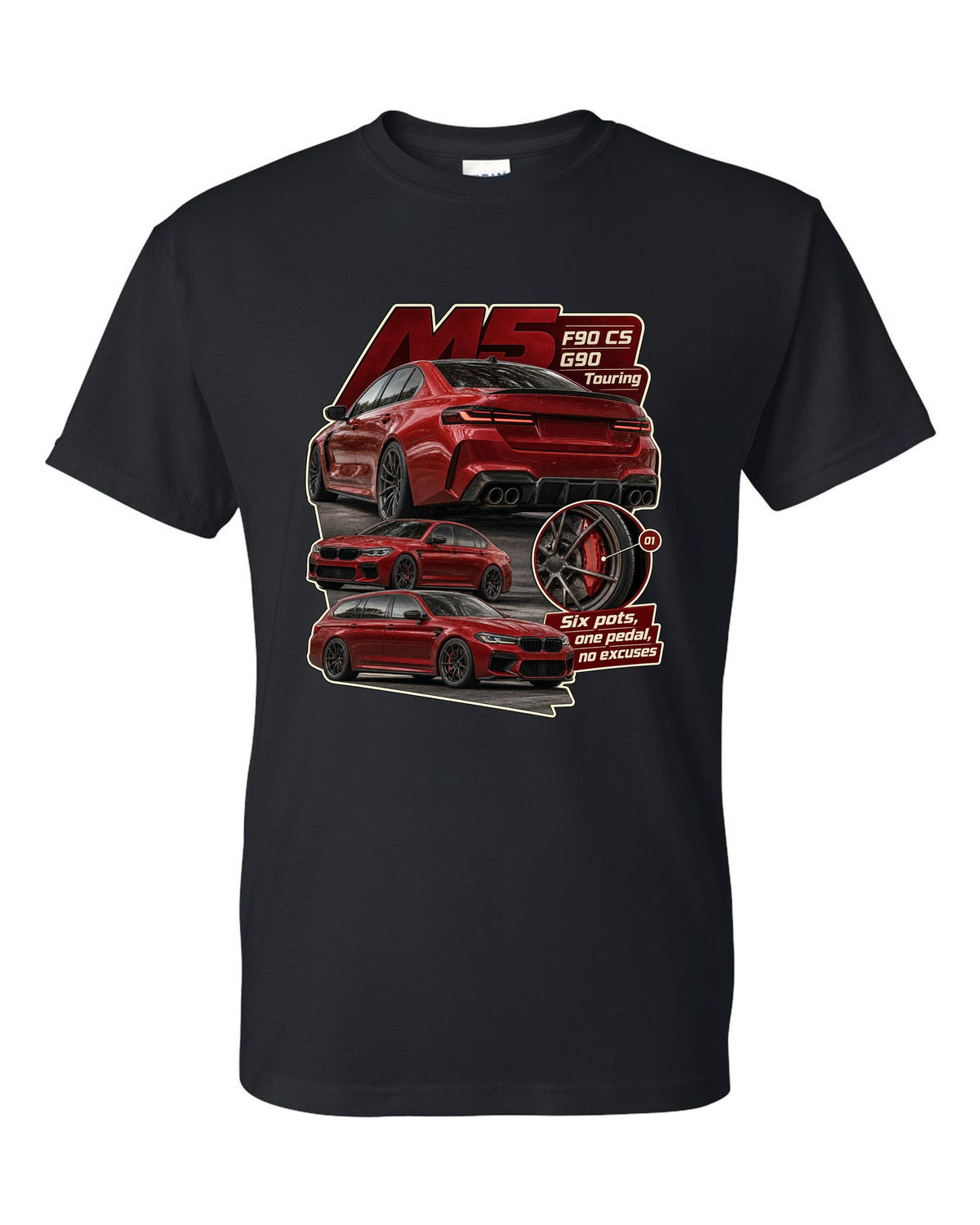 BMW M2 G87 in Toronto Red taillight macro print with six pots one pedal caption black t-shirt front view with the design
